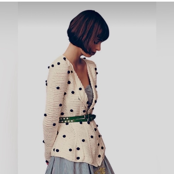 Moth Sweaters - Moth Anthropology Cream Crochet Cardigan with Black Pom Detail -- S